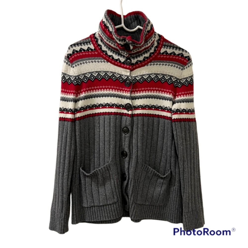Eddie Bauer Womens Gray Red Mock Neck Merino Wool Blend Knit Sweater Size Medium